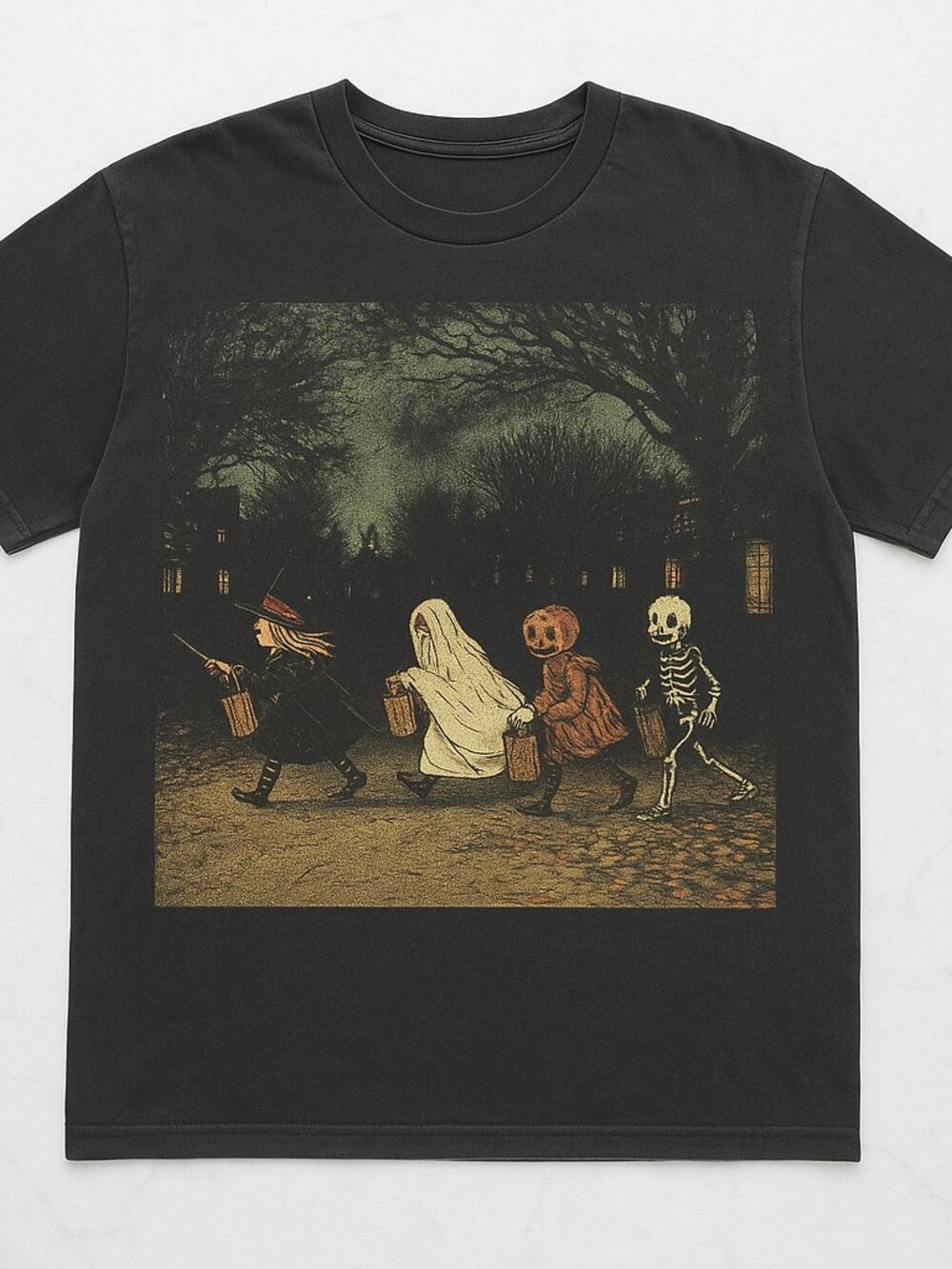 Vintage Trick or Treat Halloween Graphic Tee Washed Charcoal Ghost Witch Skeleto